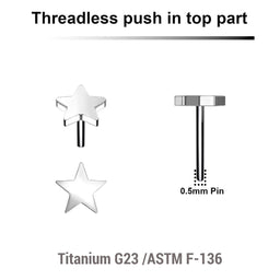 Pack of 5 Titanium G23 threadless push in labret top with 3mm flat star tops