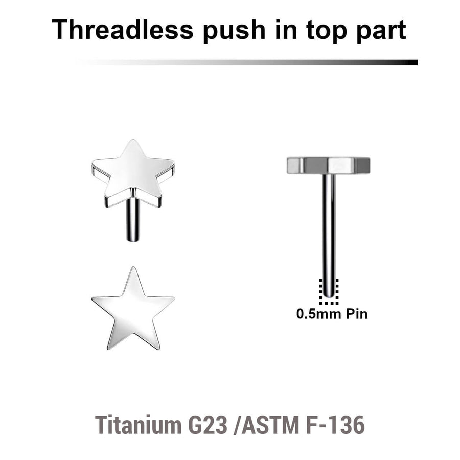 Pack of 5 Titanium G23 threadless push in labret top with 3mm flat star tops