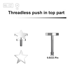 Pack of 5 Titanium G23 threadless push in labret top with 3mm flat star tops - G23 ASTM F-136 implant grade titanium body jewelry