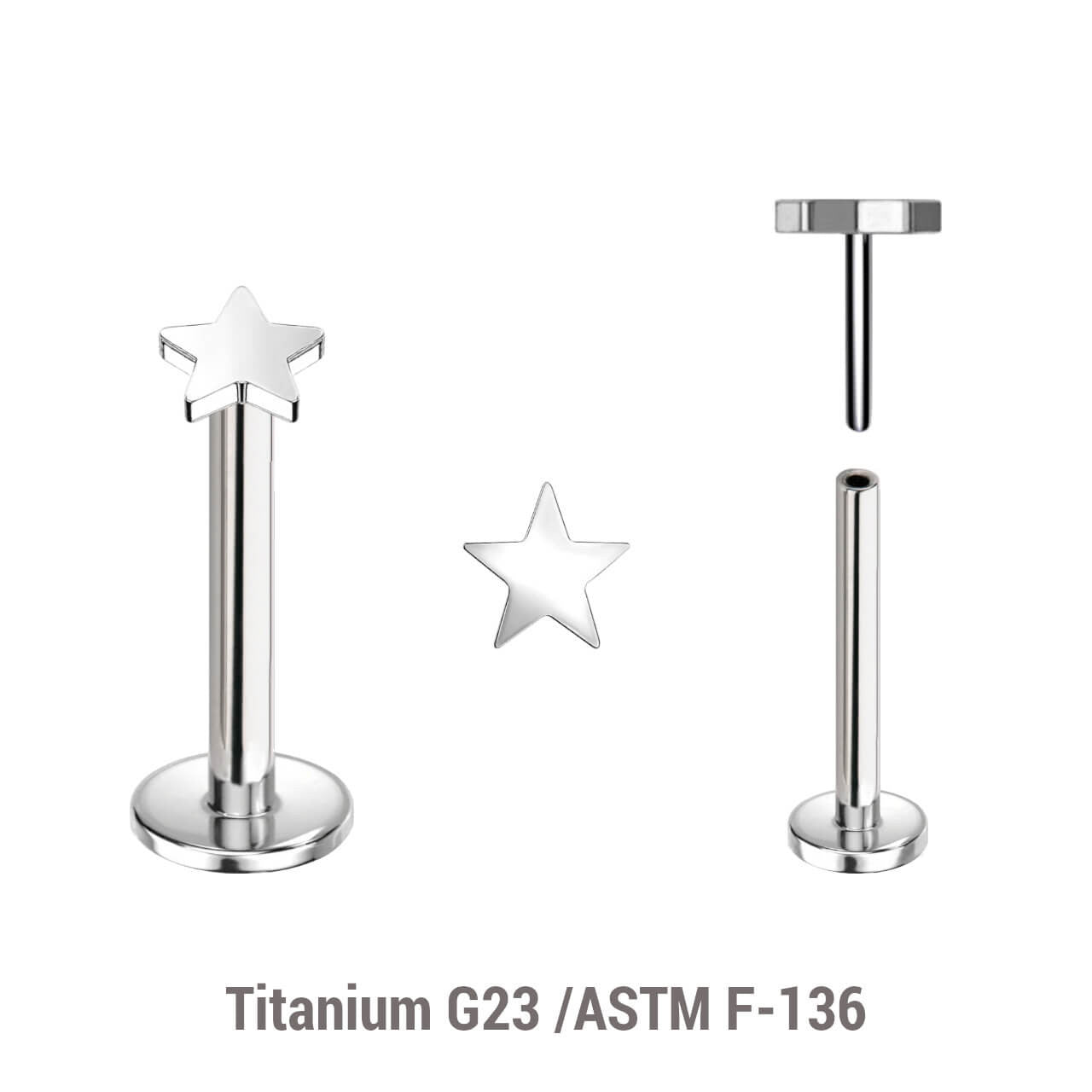 Pack of 5 high polished titanium threadless push in labrets with 3mm flat star shaped tops