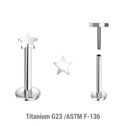 Pack of 5 high polished titanium threadless push in labrets with 3mm flat star shaped tops