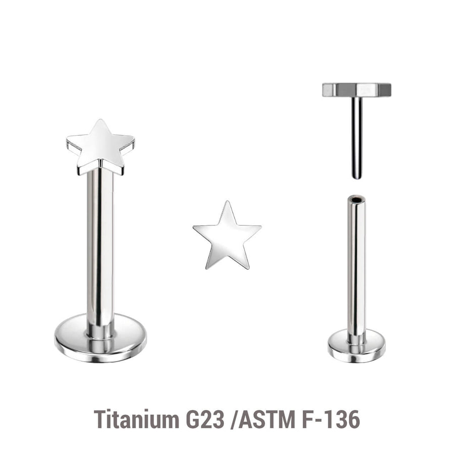 Pack of 5 high polished titanium threadless push in labrets with 3mm flat star shaped tops