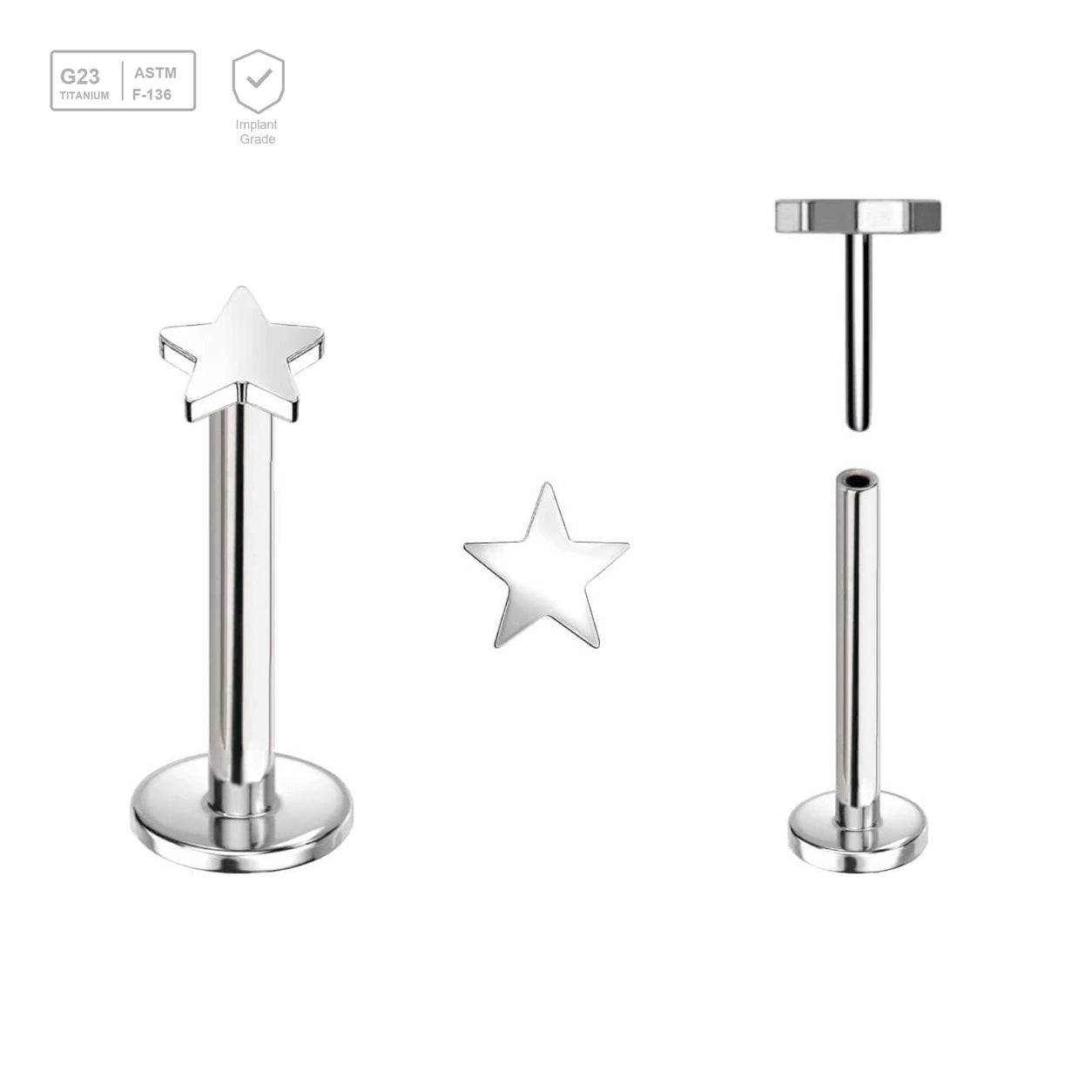 Pack of 5 high polished titanium threadless push in labrets with 3mm flat star shaped tops - G23 ASTM F-136 implant grade titanium body jewelry