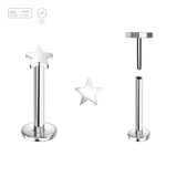 Pack of 5 high polished titanium threadless push in labrets with 3mm flat star shaped tops - G23 ASTM F-136 implant grade titanium body jewelry