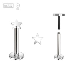 Pack of 5 high polished titanium threadless push in labrets with 3mm flat star shaped tops - G23 ASTM F-136 implant grade titanium body jewelry