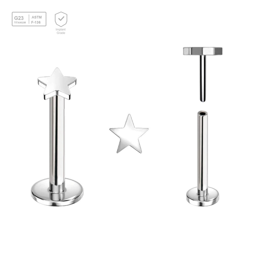 Pack of 5 high polished titanium threadless push in labrets with 3mm flat star shaped tops - G23 ASTM F-136 implant grade titanium body jewelry