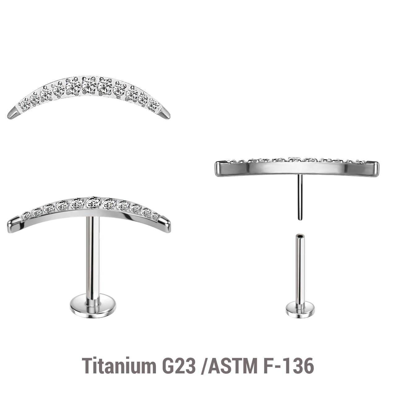 Pack of 5 high polished titanium threadless push in labrets with a CZ studded crescent moon top