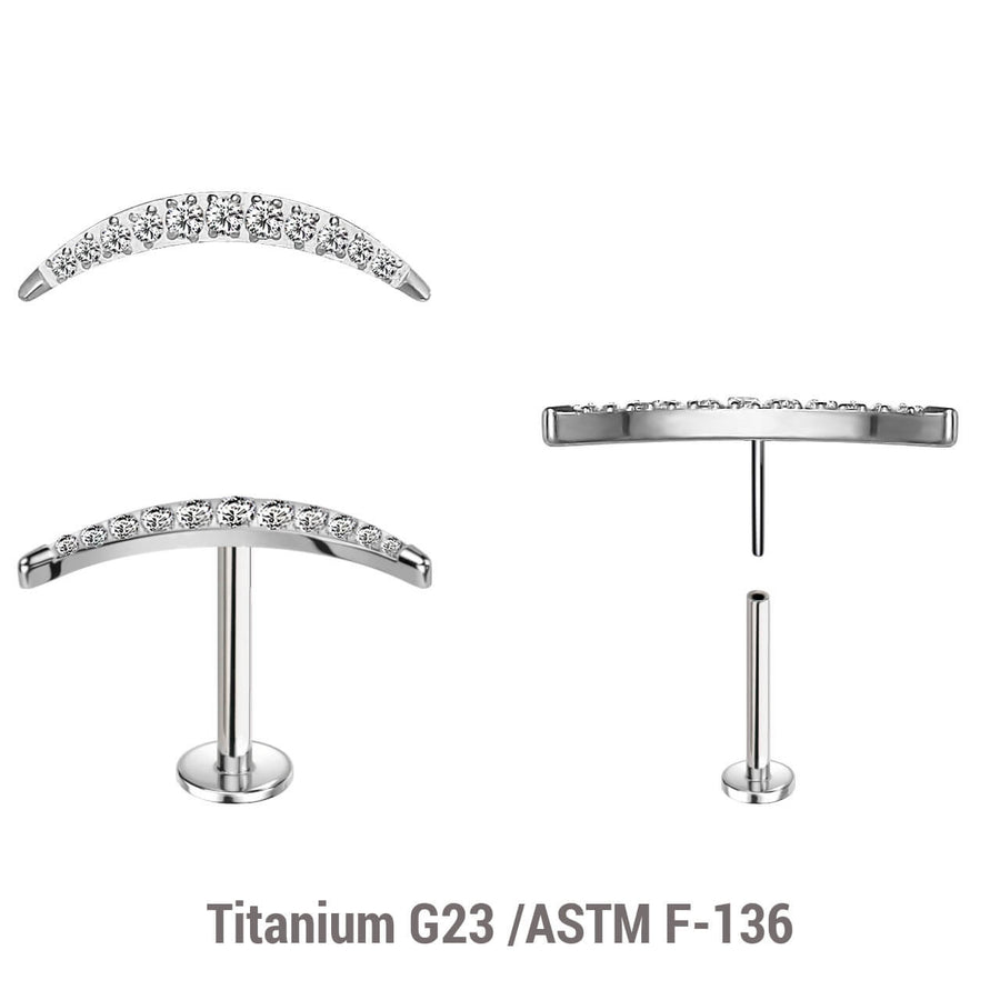 Pack of 5 high polished titanium threadless push in labrets with a CZ studded crescent moon top