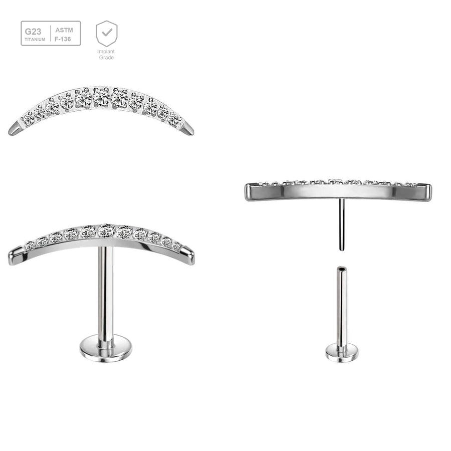 Pack of 5 high polished titanium threadless push in labrets with a CZ studded crescent moon top - G23 ASTM F-136 implant grade titanium body jewelry