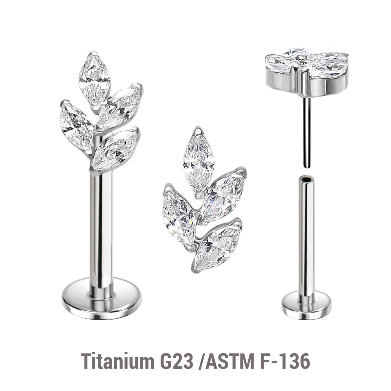 Pack of 5 high polished titanium threadless push in labrets with a leaf shaped top with 4 marquis cut prong set CZ stones