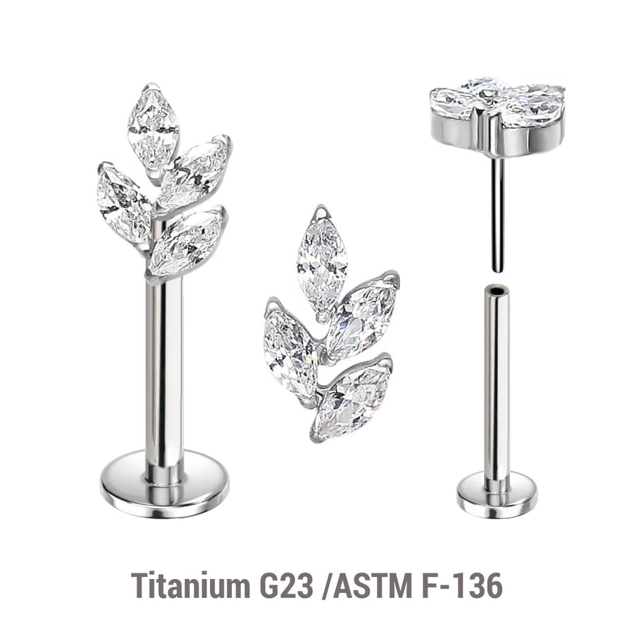 Pack of 5 high polished titanium threadless push in labrets with a leaf shaped top with 4 marquis cut prong set CZ stones