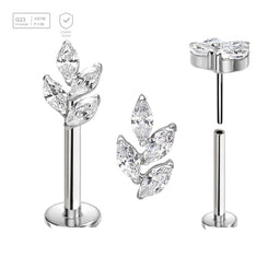 Pack of 5 high polished titanium threadless push in labrets with a leaf shaped top with 4 marquis cut prong set CZ stones - G23 ASTM F-136 implant grade titanium body jewelry