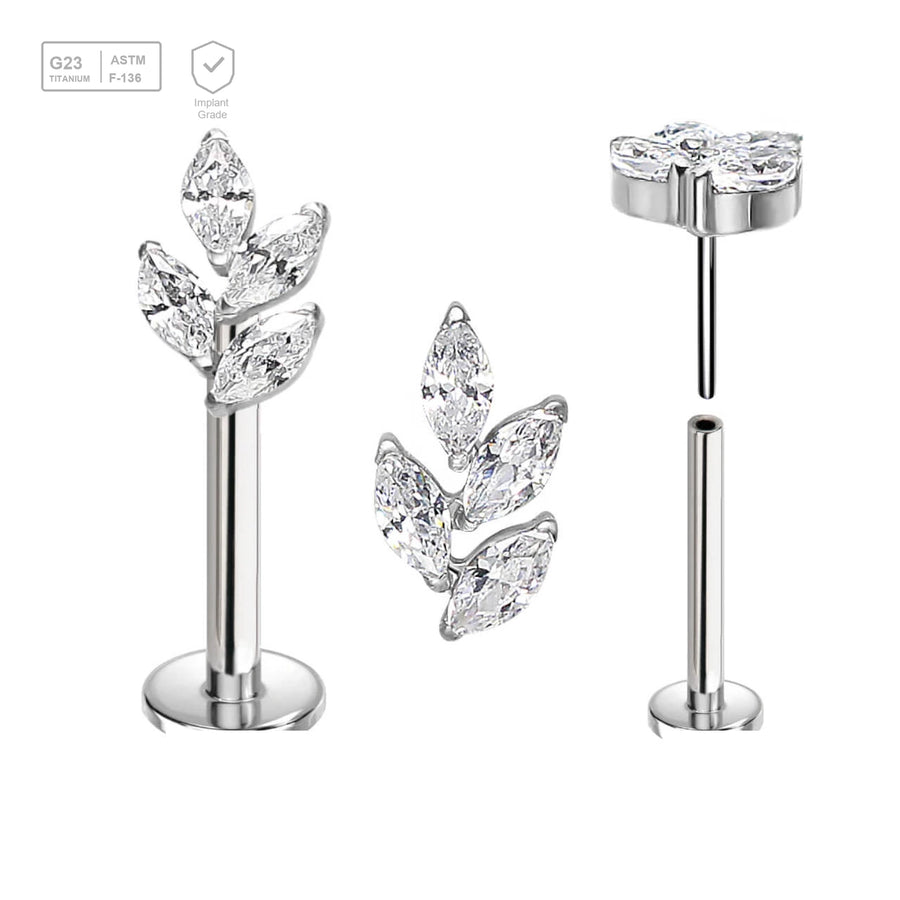 Pack of 5 high polished titanium threadless push in labrets with a leaf shaped top with 4 marquis cut prong set CZ stones - G23 ASTM F-136 implant grade titanium body jewelry