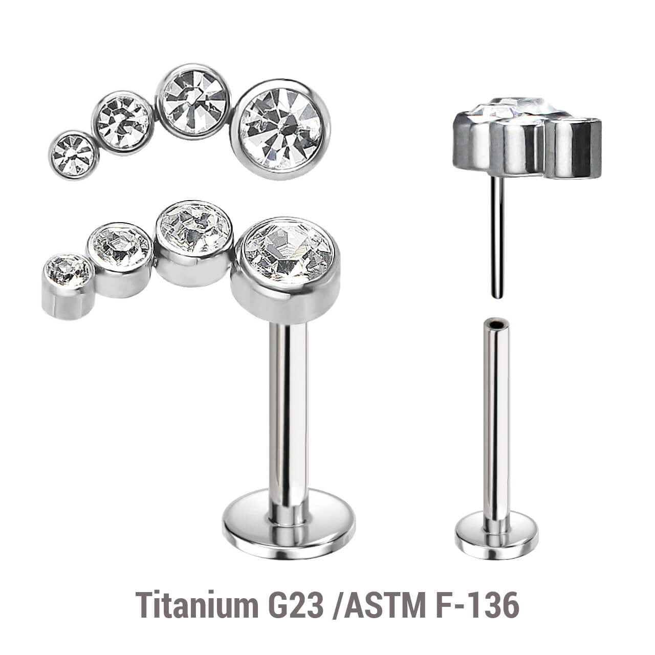 Pack of 5 high polished titanium threadless push in labrets with elongated top with 4 bezel set CZ stones