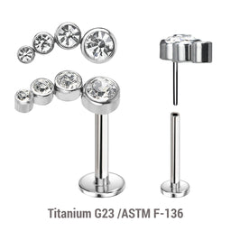Pack of 5 high polished titanium threadless push in labrets with elongated top with 4 bezel set CZ stones