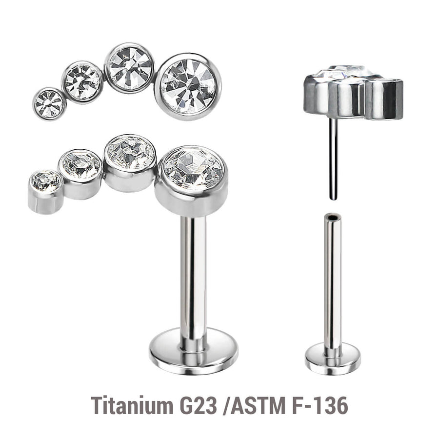 Pack of 5 high polished titanium threadless push in labrets with elongated top with 4 bezel set CZ stones
