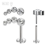 Pack of 5 high polished titanium threadless push in labrets with elongated top with 4 bezel set CZ stones - G23 ASTM F-136 implant grade titanium body jewelry
