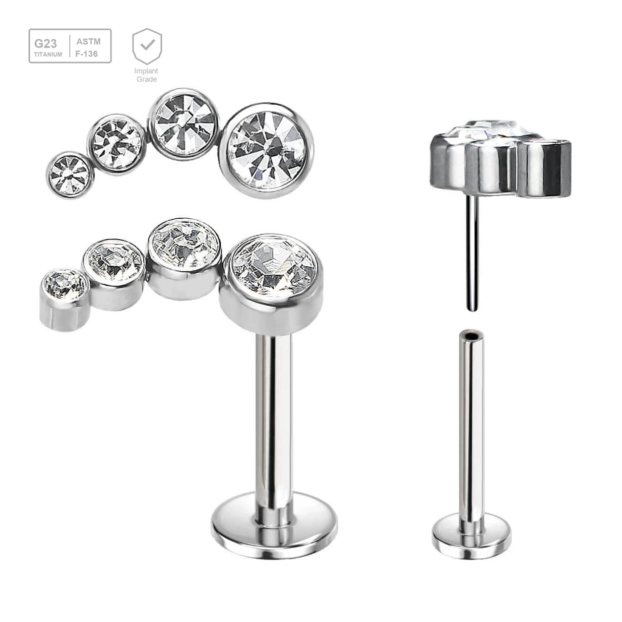 Pack of 5 high polished titanium threadless push in labrets with elongated top with 4 bezel set CZ stones - G23 ASTM F-136 implant grade titanium body jewelry