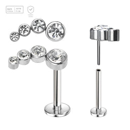 Pack of 5 high polished titanium threadless push in labrets with elongated top with 4 bezel set CZ stones - G23 ASTM F-136 implant grade titanium body jewelry