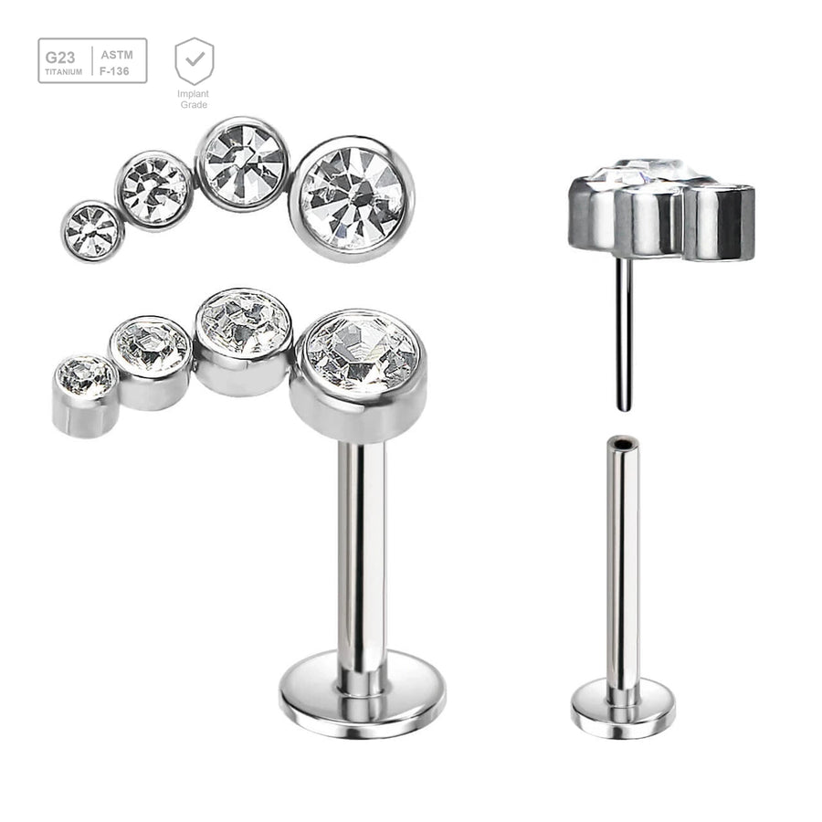 Pack of 5 high polished titanium threadless push in labrets with elongated top with 4 bezel set CZ stones - G23 ASTM F-136 implant grade titanium body jewelry