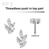 Pack of 5 Titanium G23 threadless push in labret tops in leaf shape with 4 marquis cut prong set CZ stones - G23 ASTM F-136 implant grade titanium body jewelry