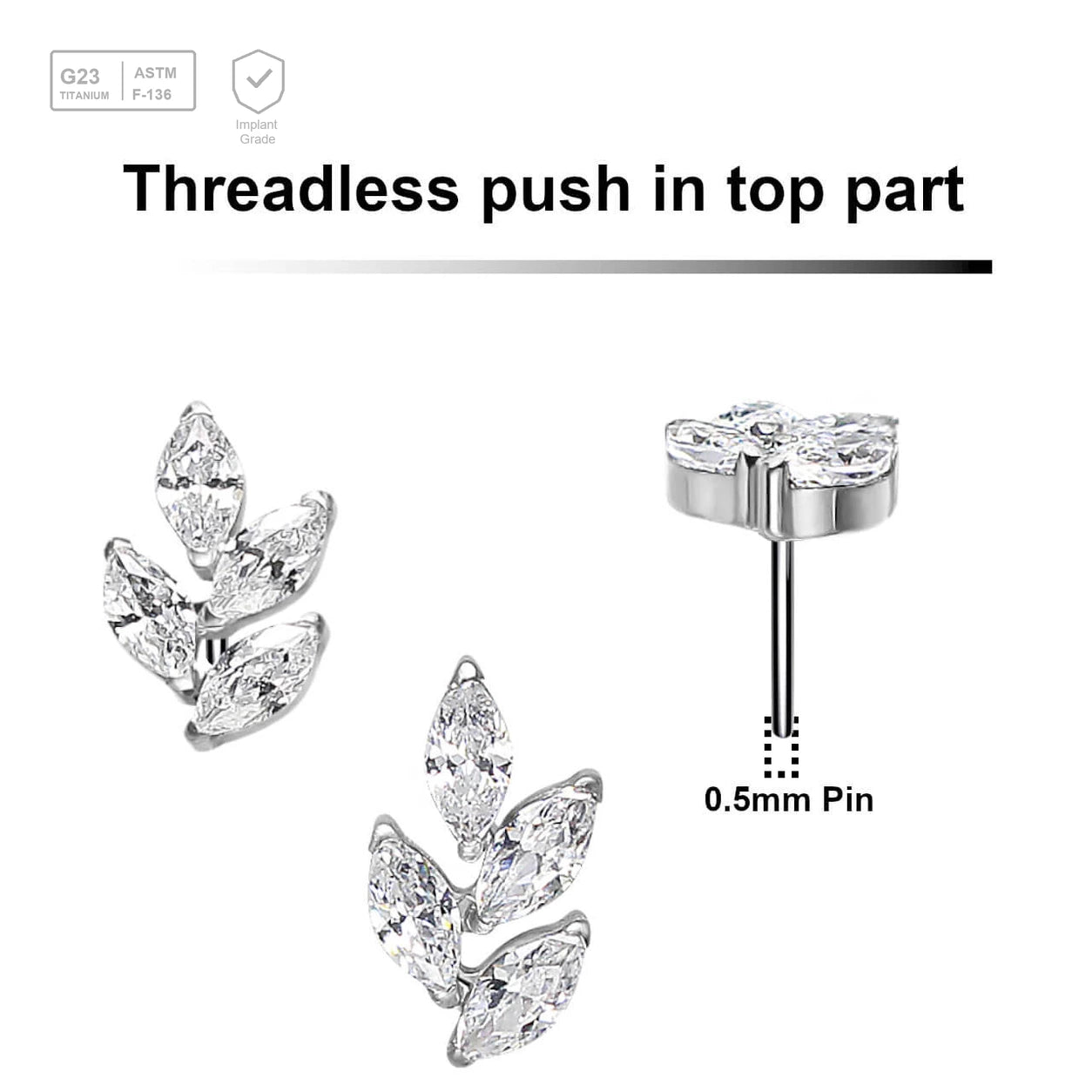 Pack of 5 Titanium G23 threadless push in labret tops in leaf shape with 4 marquis cut prong set CZ stones - G23 ASTM F-136 implant grade titanium body jewelry