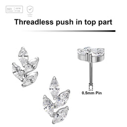Pack of 5 Titanium G23 threadless push in labret tops in leaf shape with 4 marquis cut prong set CZ stones - G23 ASTM F-136 implant grade titanium body jewelry