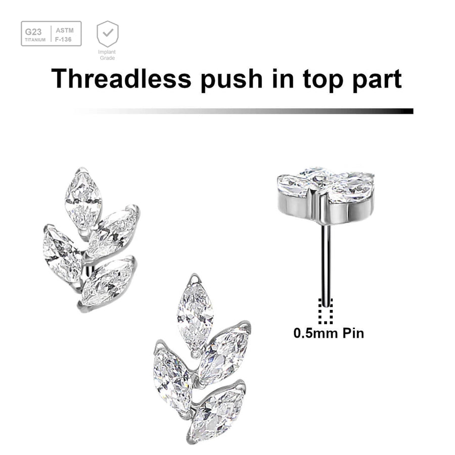 Pack of 5 Titanium G23 threadless push in labret tops in leaf shape with 4 marquis cut prong set CZ stones - G23 ASTM F-136 implant grade titanium body jewelry