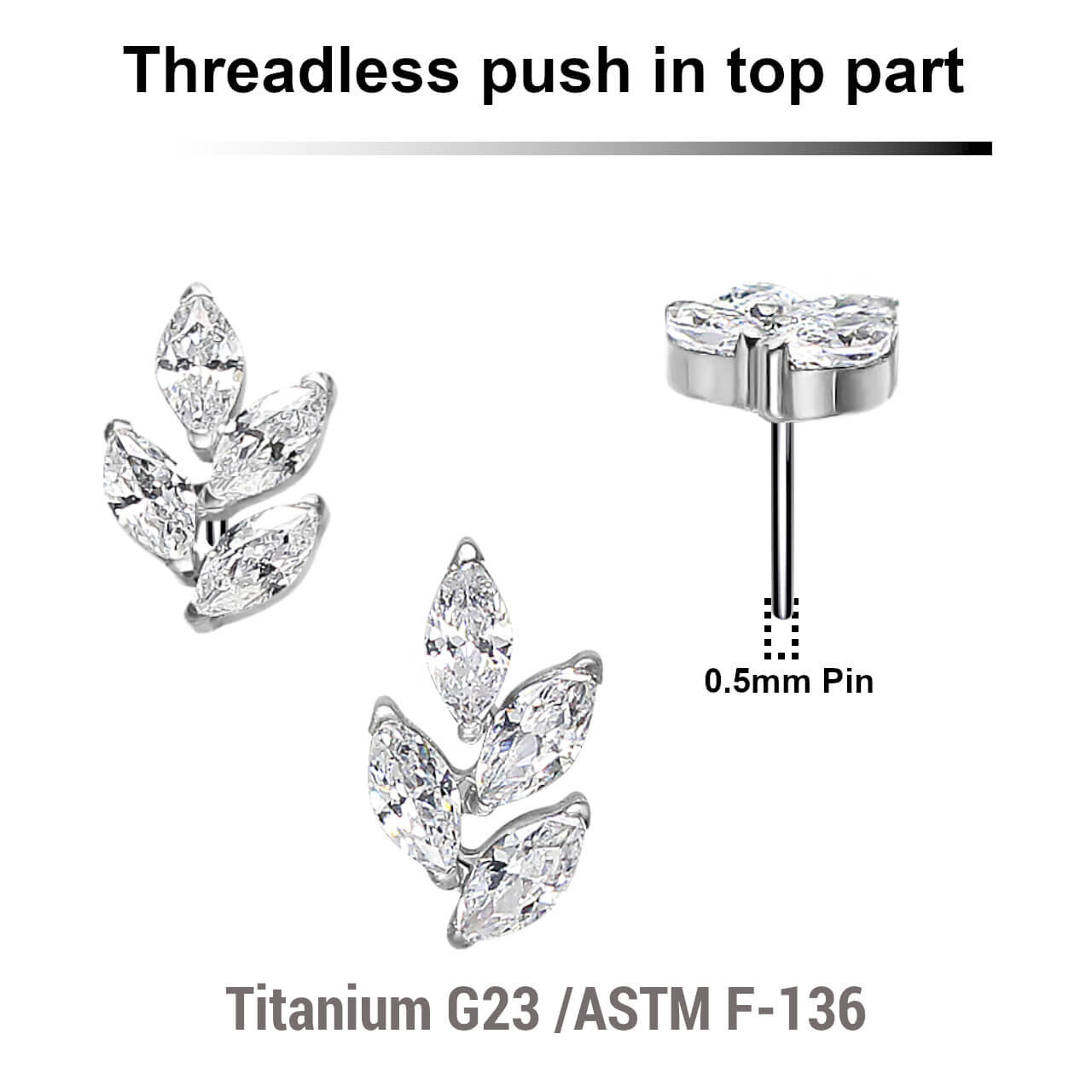 Pack of 5 Titanium G23 threadless push in labret tops in leaf shape with 4 marquis cut prong set CZ stones