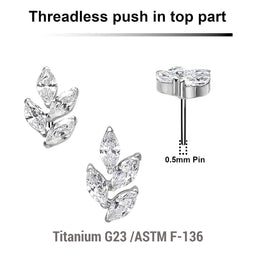 Pack of 5 Titanium G23 threadless push in labret tops in leaf shape with 4 marquis cut prong set CZ stones
