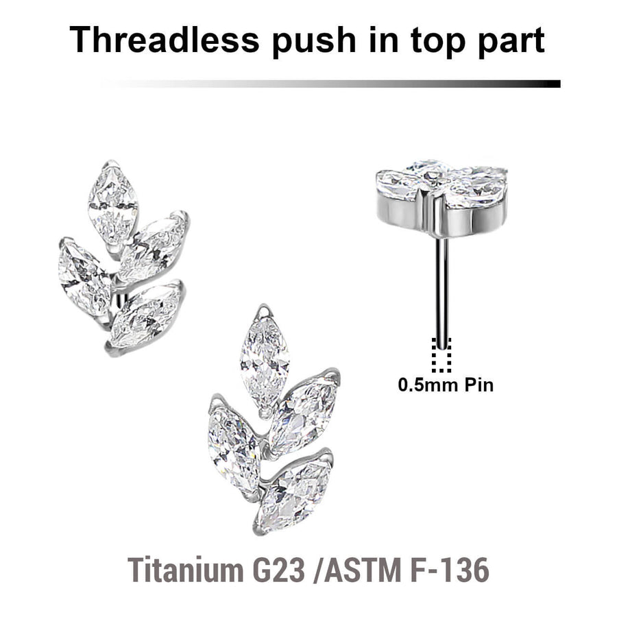 Pack of 5 Titanium G23 threadless push in labret tops in leaf shape with 4 marquis cut prong set CZ stones