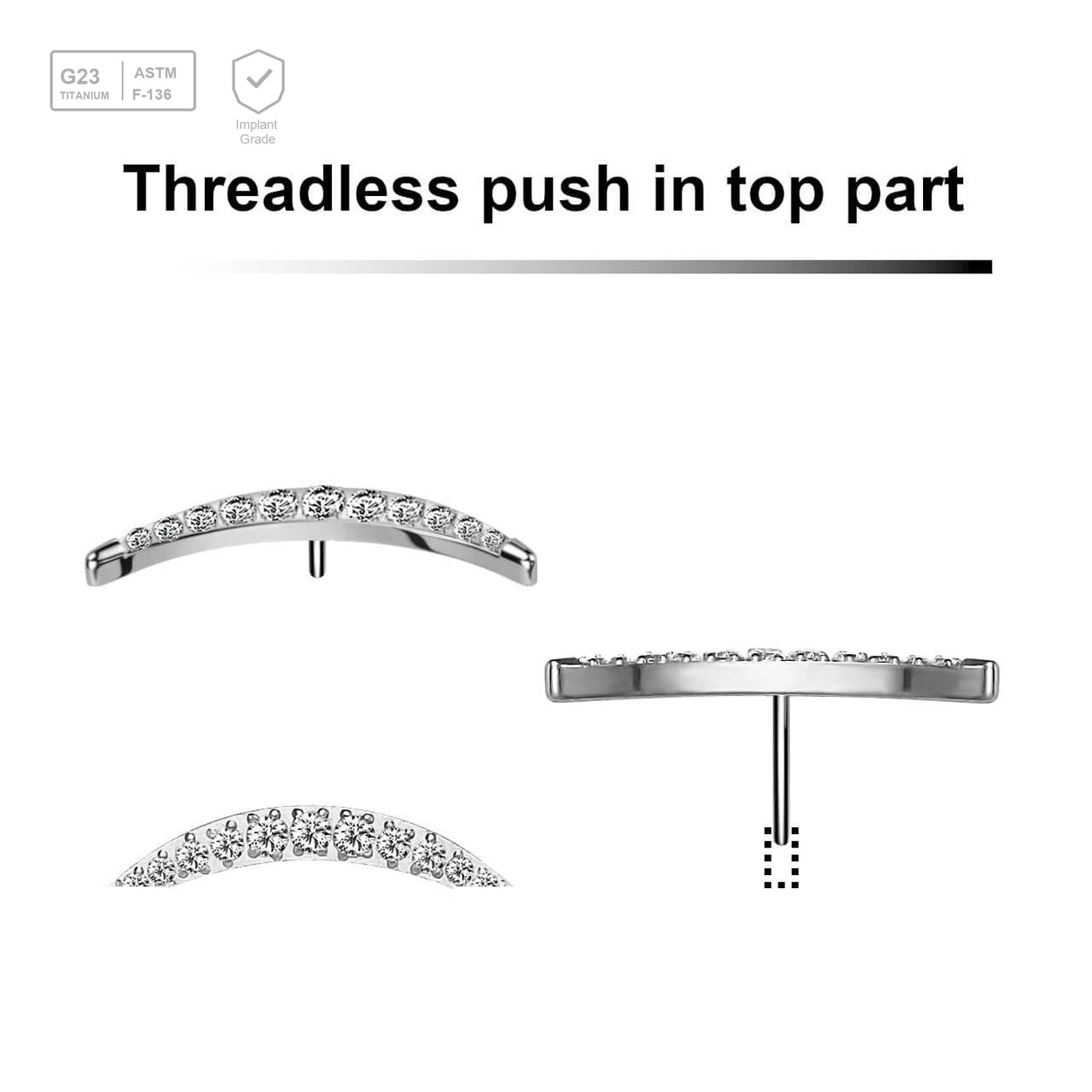 Pack of 5 Titanium G23 threadless push in labret top with crescent moon design with 12 prong set CZ stones - G23 ASTM F-136 implant grade titanium body jewelry