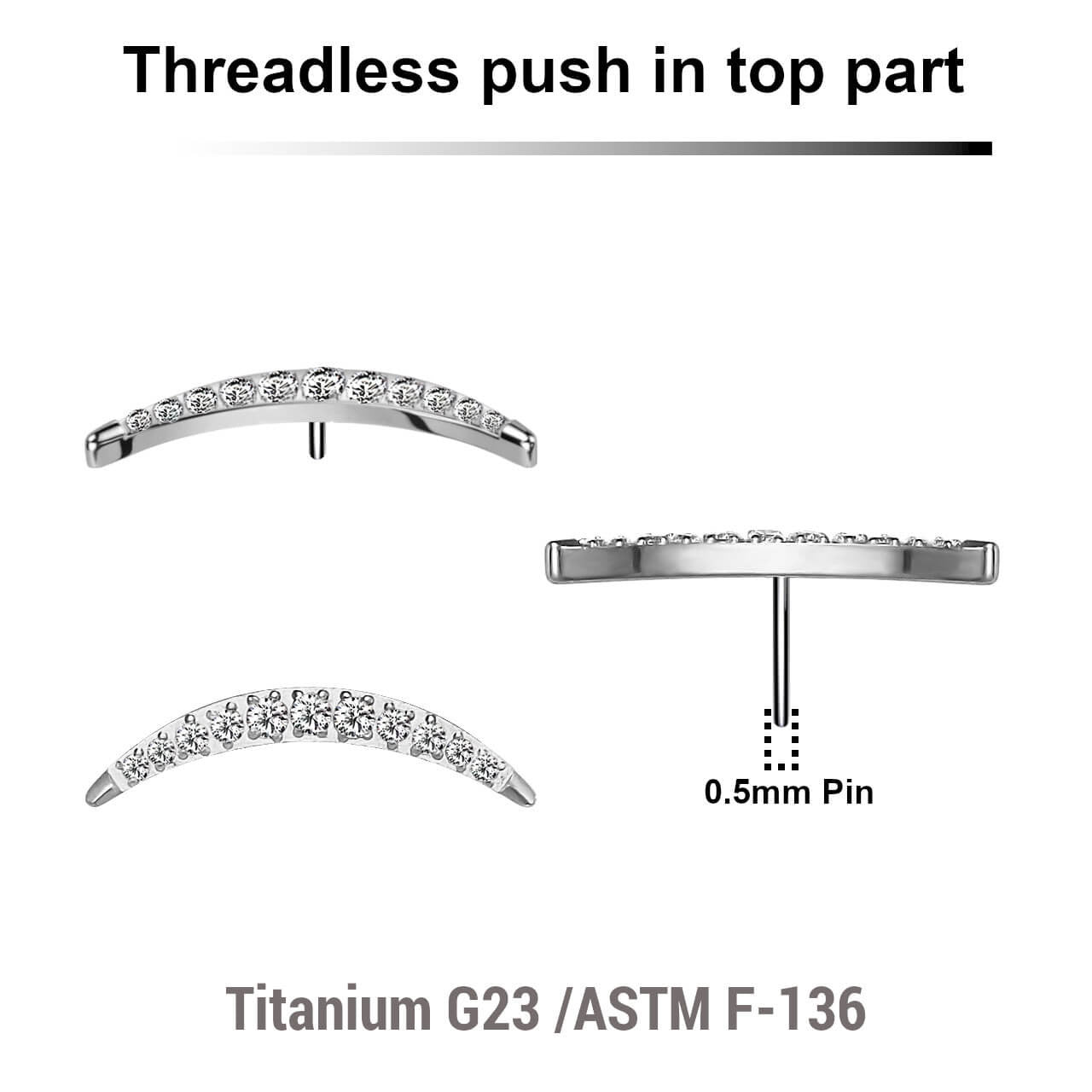 Pack of 5 Titanium G23 threadless push in labret top with crescent moon design with 12 prong set CZ stones