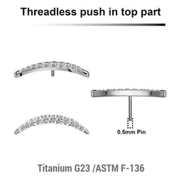Pack of 5 Titanium G23 threadless push in labret top with crescent moon design with 12 prong set CZ stones