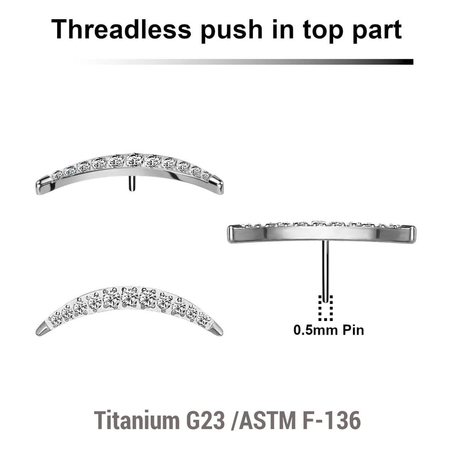 Pack of 5 Titanium G23 threadless push in labret top with crescent moon design with 12 prong set CZ stones