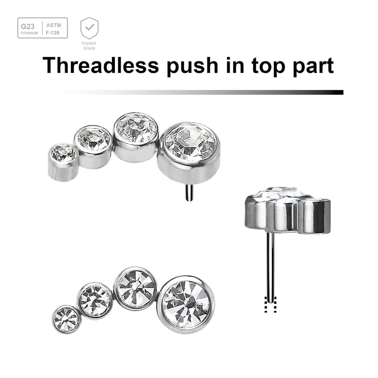 Pack of 5 Titanium G23 threadless push in labret top with 4 round bezel set CZ stones - G23 ASTM F-136 implant grade titanium body jewelry