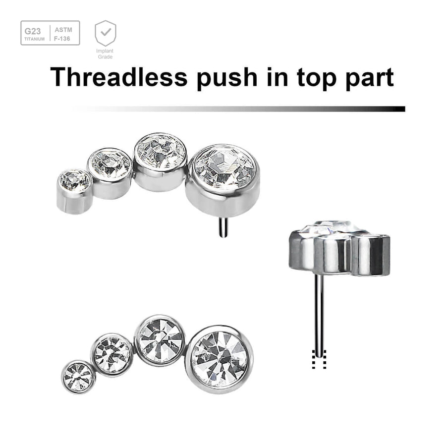 Pack of 5 Titanium G23 threadless push in labret top with 4 round bezel set CZ stones - G23 ASTM F-136 implant grade titanium body jewelry