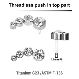 Pack of 5 Titanium G23 threadless push in labret top with 4 round bezel set CZ stones