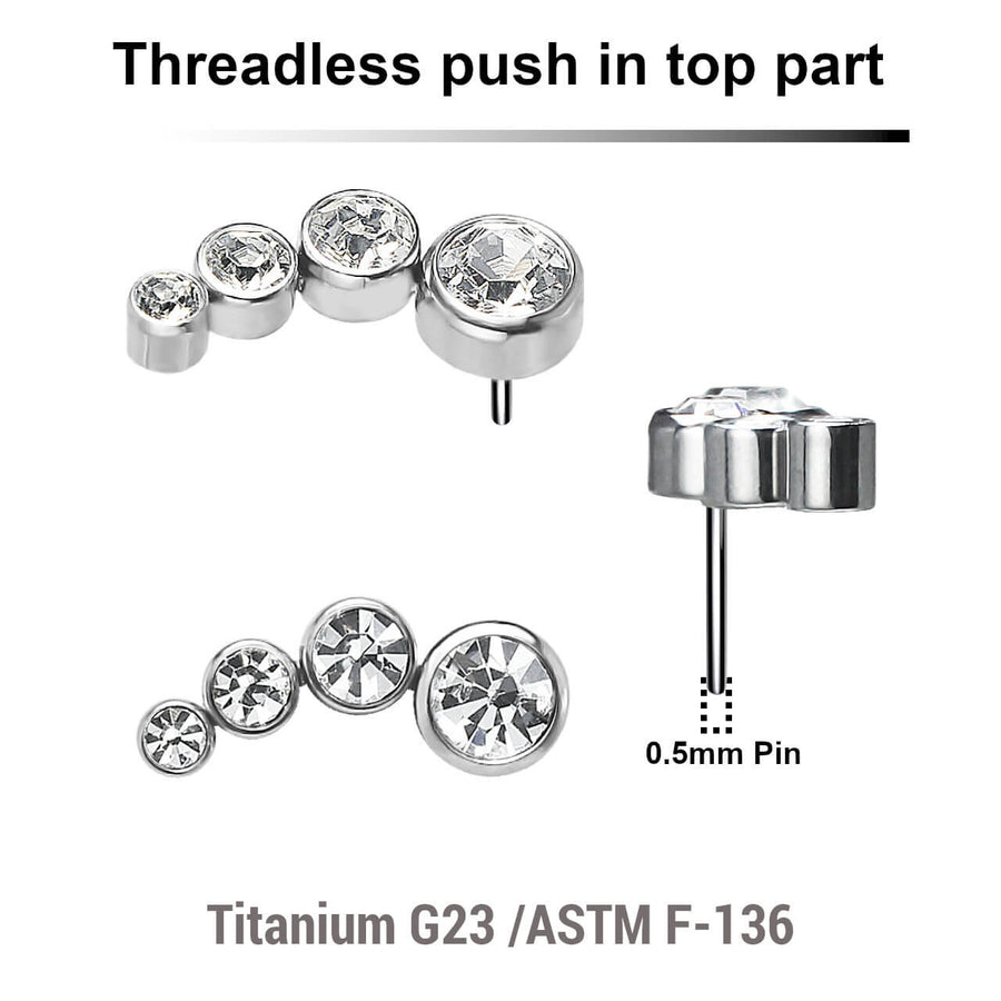 Pack of 5 Titanium G23 threadless push in labret top with 4 round bezel set CZ stones