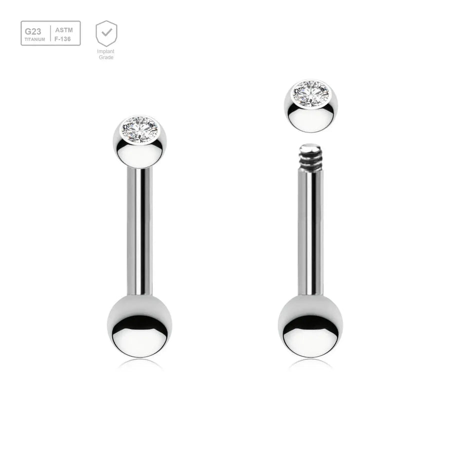 Pack of 5 Titanium tragus barbells, Thickness 1.2mm, with a top 2.5mm bezel set crystal ball and a lower 3mm plain ball