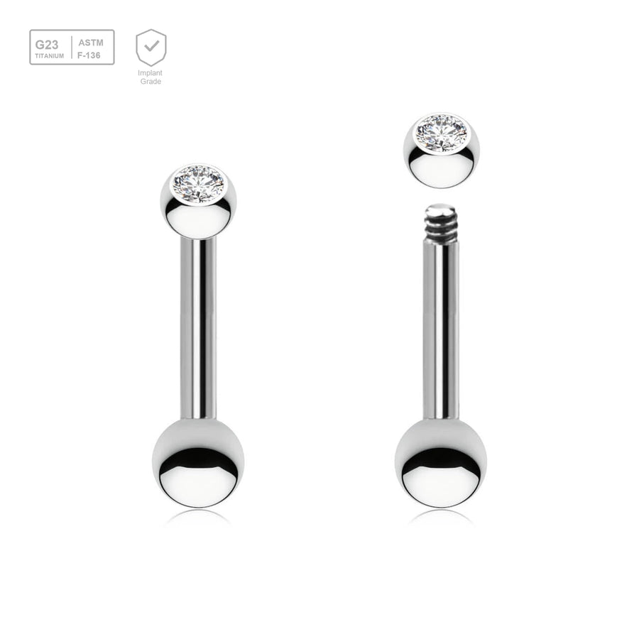 Pack of 10 Titanium tragus barbells, Thickness 1.2mm, with a top 2.5mm bezel set crystal ball and a lower 3mm plain ball - G23 ASTM F-136 implant grade titanium body jewelry