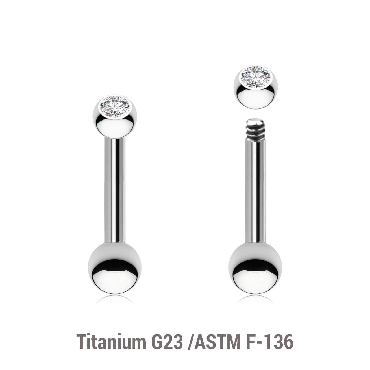 Pack of 10 Titanium tragus barbells, Thickness 1.2mm, with a top 2.5mm bezel set crystal ball and a lower 3mm plain ball