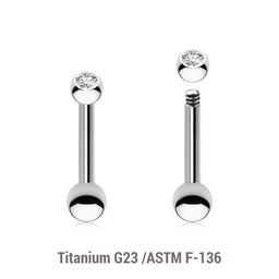 Pack of 10 Titanium tragus barbells, Thickness 1.2mm, with a top 2.5mm bezel set crystal ball and a lower 3mm plain ball