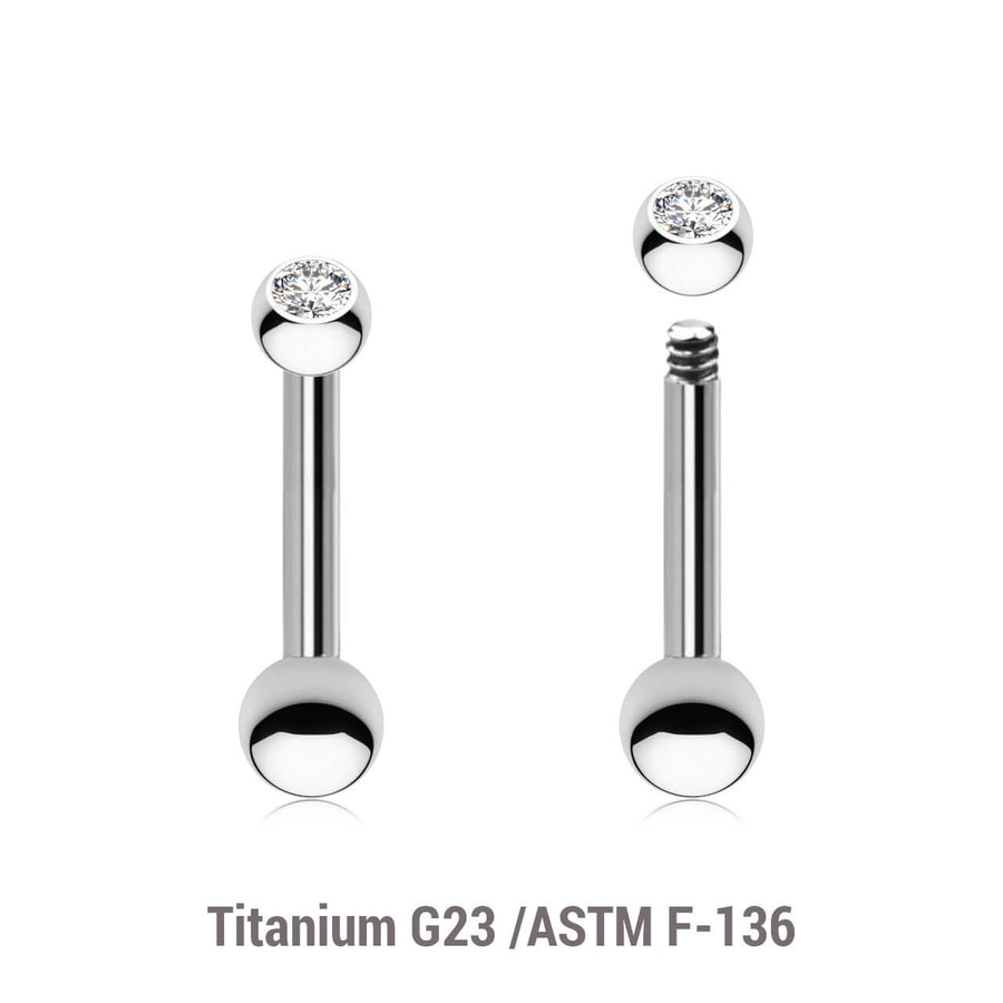 Pack of 10 Titanium tragus barbells, Thickness 1.2mm, with a top 2.5mm bezel set crystal ball and a lower 3mm plain ball