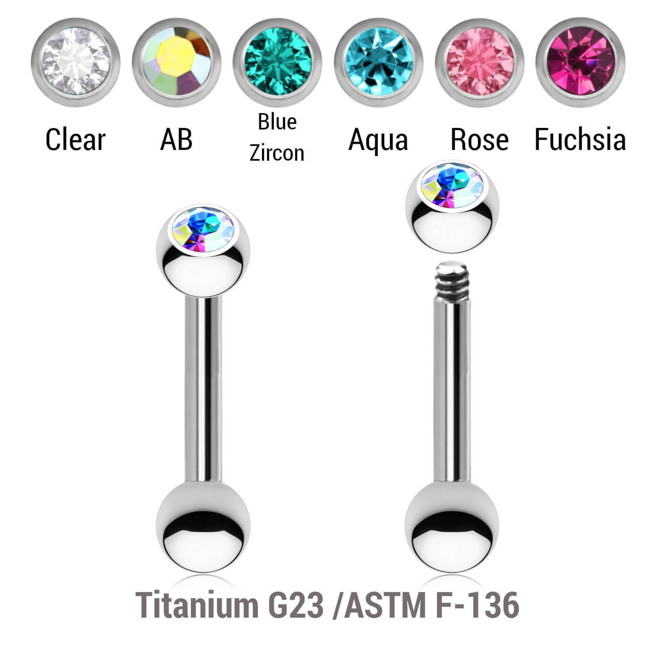 Pack of 10 Titanium tragus barbells, Thickness 1.2mm, with a top 3mm bezel set crystal ball and a lower 3mm plain ball