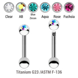 Pack of 10 Titanium tragus barbells, Thickness 1.2mm, with a top 3mm bezel set crystal ball and a lower 3mm plain ball