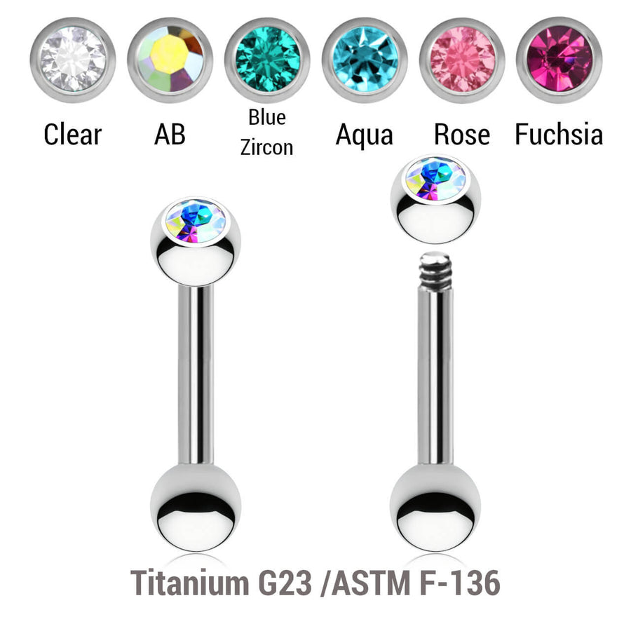 Pack of 10 Titanium tragus barbells, Thickness 1.2mm, with a top 3mm bezel set crystal ball and a lower 3mm plain ball