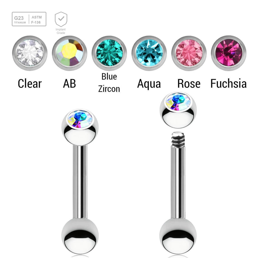 Pack of 10 Titanium tragus barbells, Thickness 1.2mm, with a top 3mm bezel set crystal ball and a lower 3mm plain ball - G23 ASTM F-136 implant grade titanium body jewelry