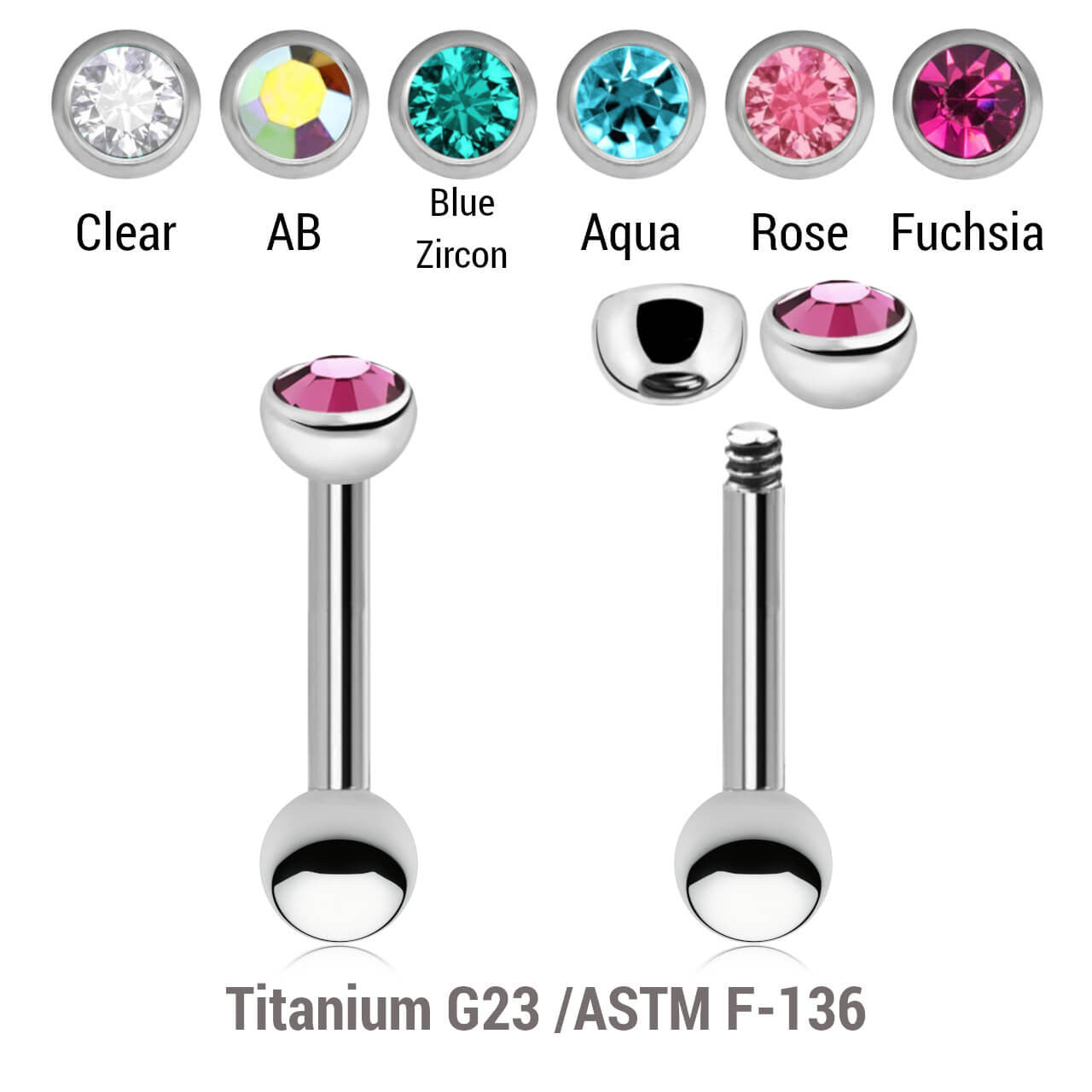 Pack of 10 Titanium tragus barbells, Thickness 1.2mm, with a top 3mm half ball with a bezel set crystal and a lower 3mm plain ball