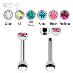 Pack of 10 Titanium tragus barbells, Thickness 1.2mm, with a top 3mm half ball with a bezel set crystal and a lower 3mm plain ball - G23 ASTM F-136 implant grade titanium body jewelry